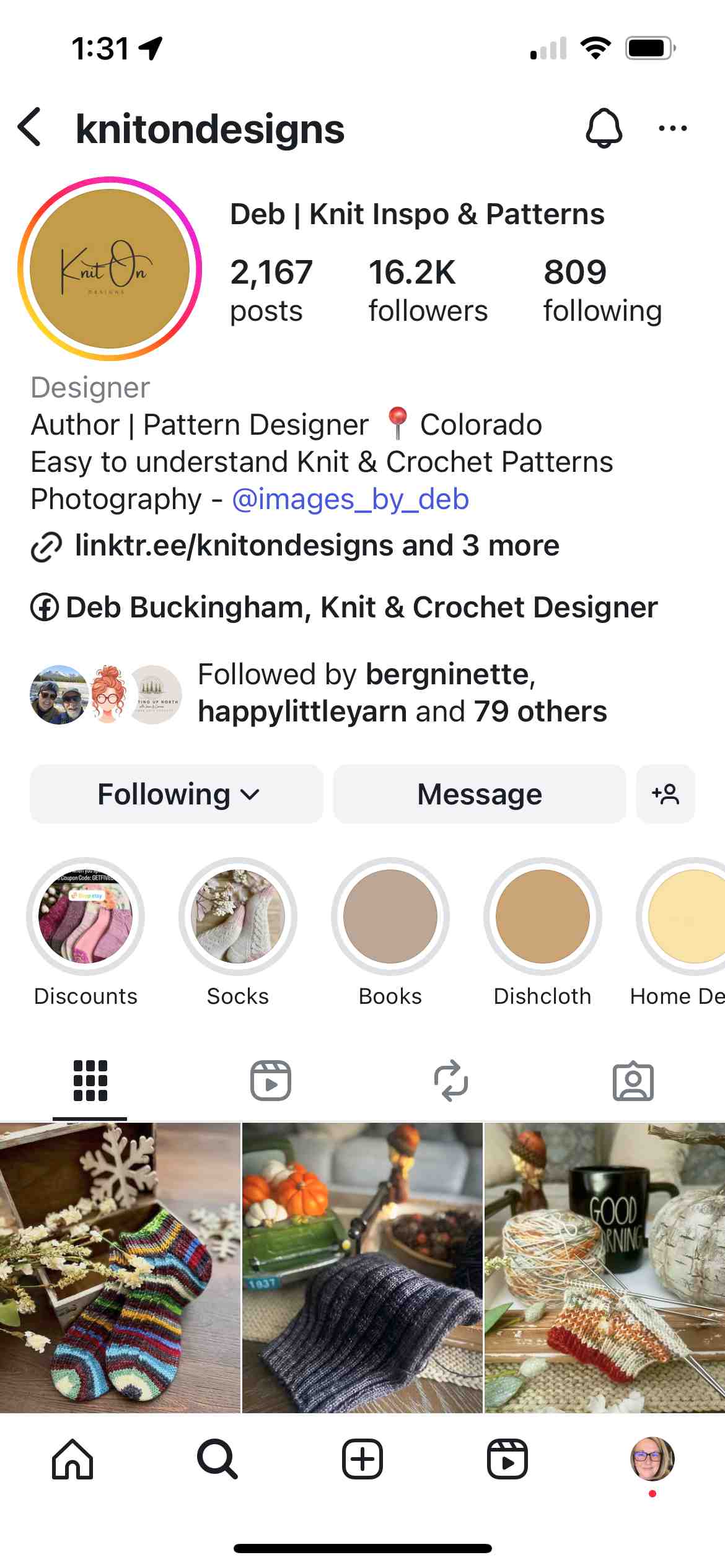 Screenshot of Instagram profile for knitondesigns.