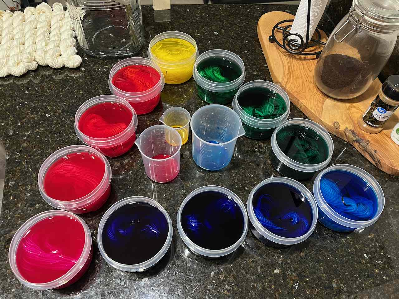 Twleve color wheel acid dyes for yarn dyeing.